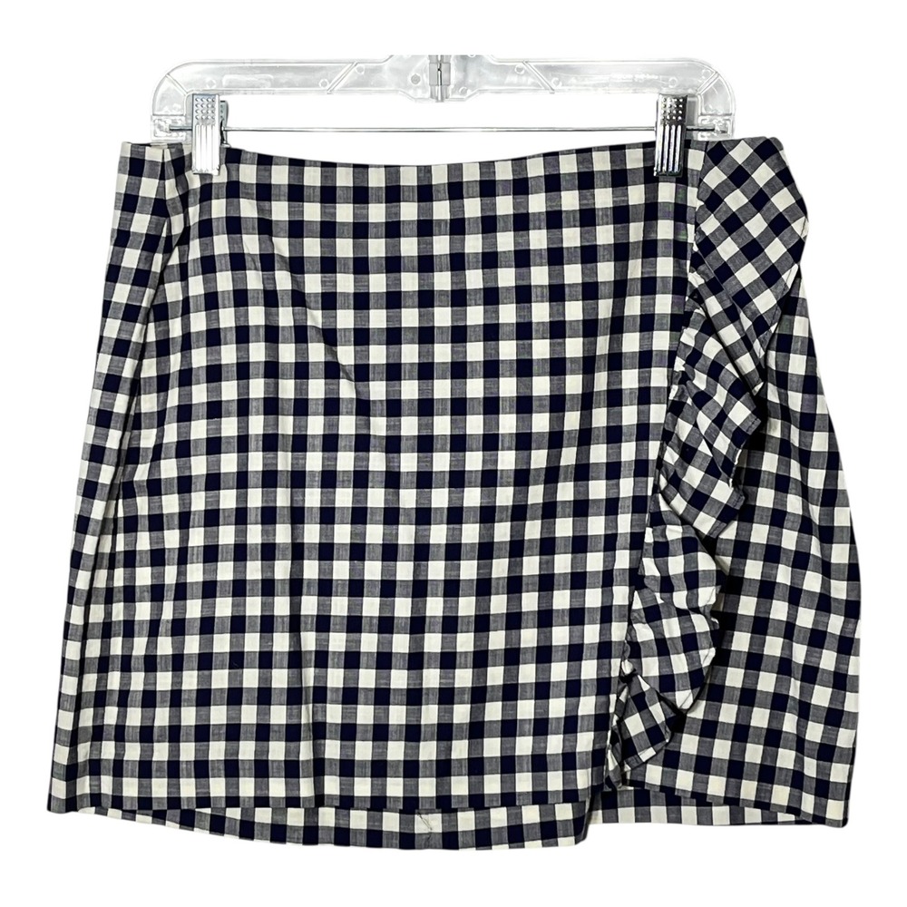 Express Navy Blue White Gingham Ruffle Faux Wrap Mini Skirt Size 12 Cotton